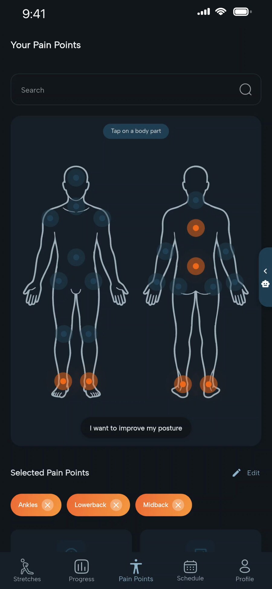 The Relievr body map with ankles, lower back and mid back selected