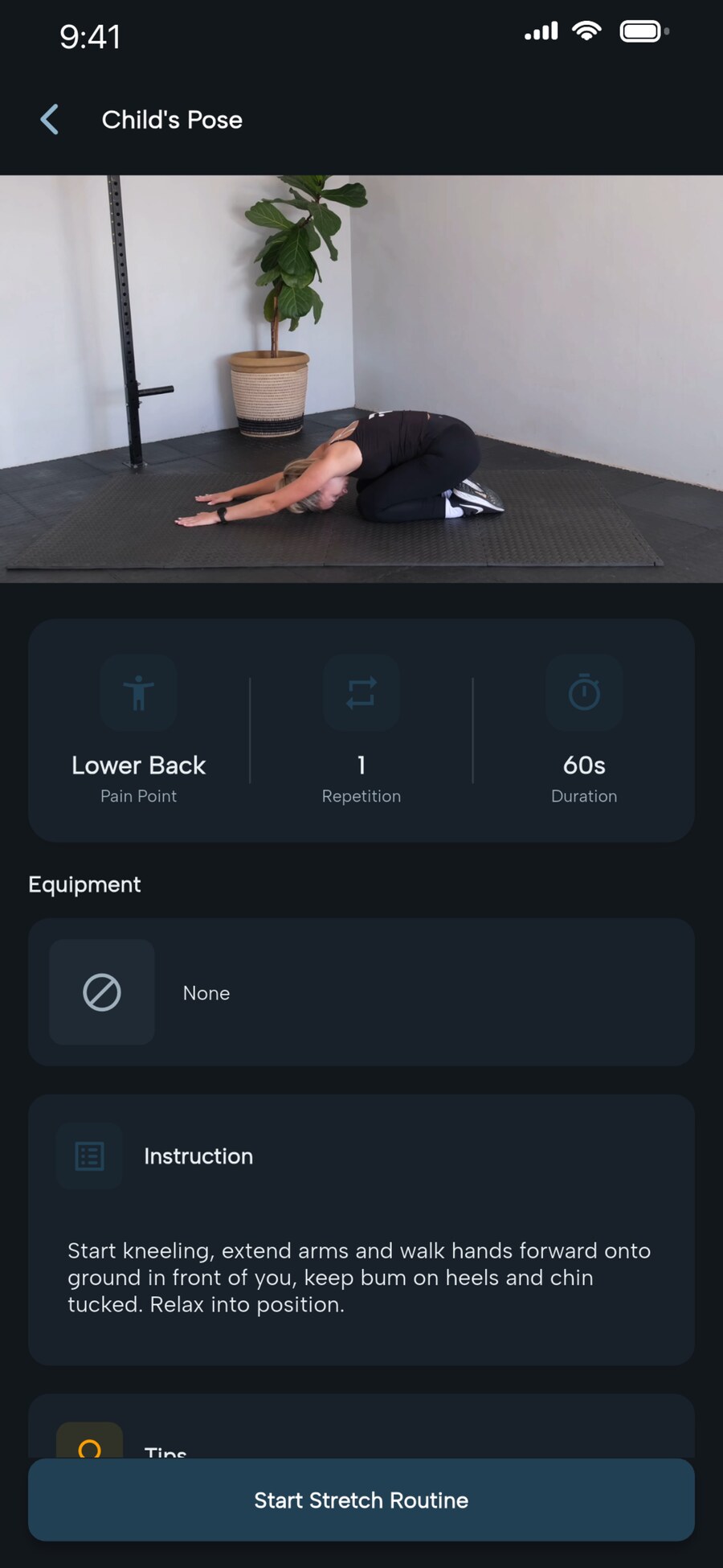 A stretch open in Relievr, with its video, target area and hold time